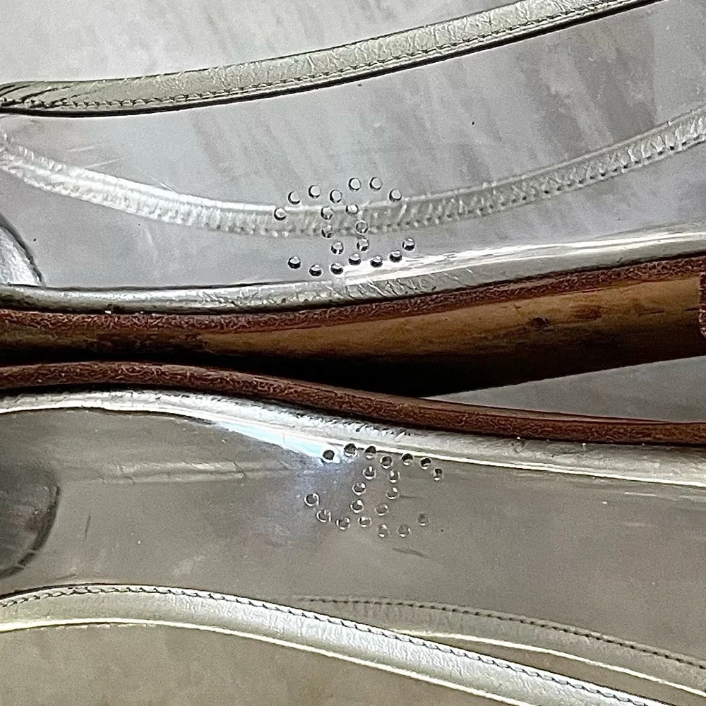 CHANEL Silver Leather Slingback Flats